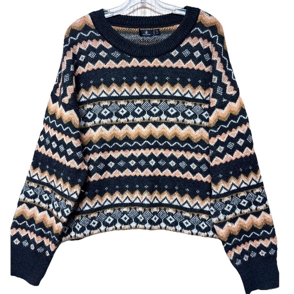 Volcom Womens Fair Isle Geometric Knit Sweater Womens XS/S Black Tan Crewneck